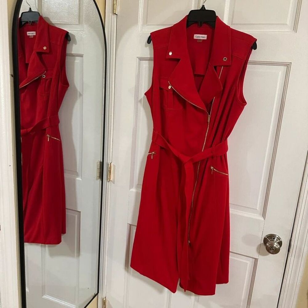 Calvin Klein Womens 16W Red Belted Moto Dress Sleeveless Full Zip Plus size